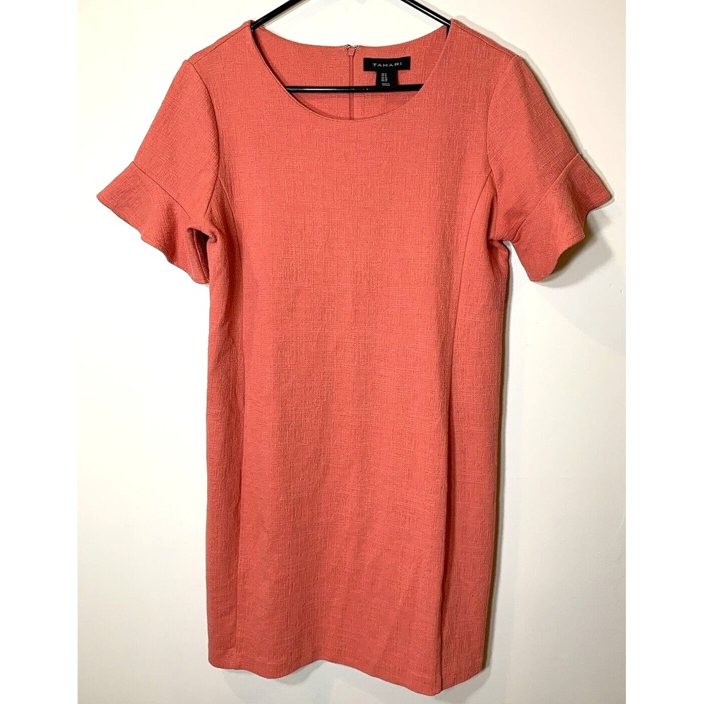 Tahari Dress Womens 8 Coral Pink Sheath Mini‎ Flutter Sleeve Stretch Back Zip